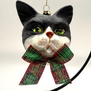 Festive Christmas Cat / Kitty Ornament with Plaid Bow and Bell